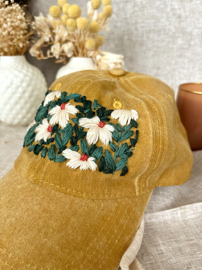 Hand Embroidered Floral Baseball Cap, Yellow Daisy Cotton Hat - Etsy