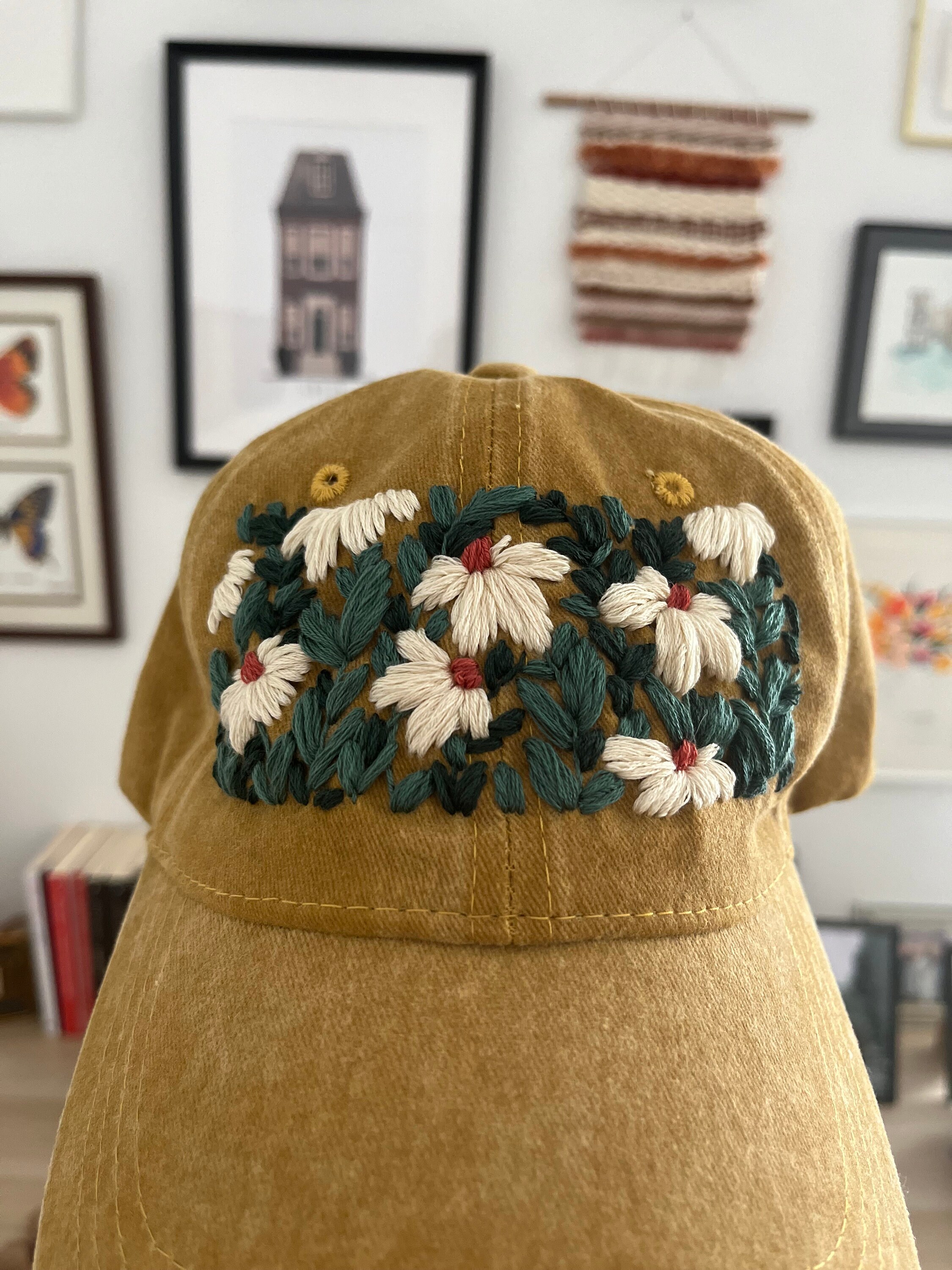 Hand Embroidered Hat, Yellow Daisy Embroidered Baseball Cap, Floral ...