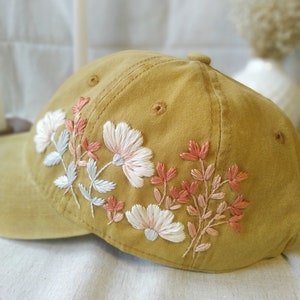 Hand Embroidered Floral Baseball Cap, Yellow Boho Hat - Etsy