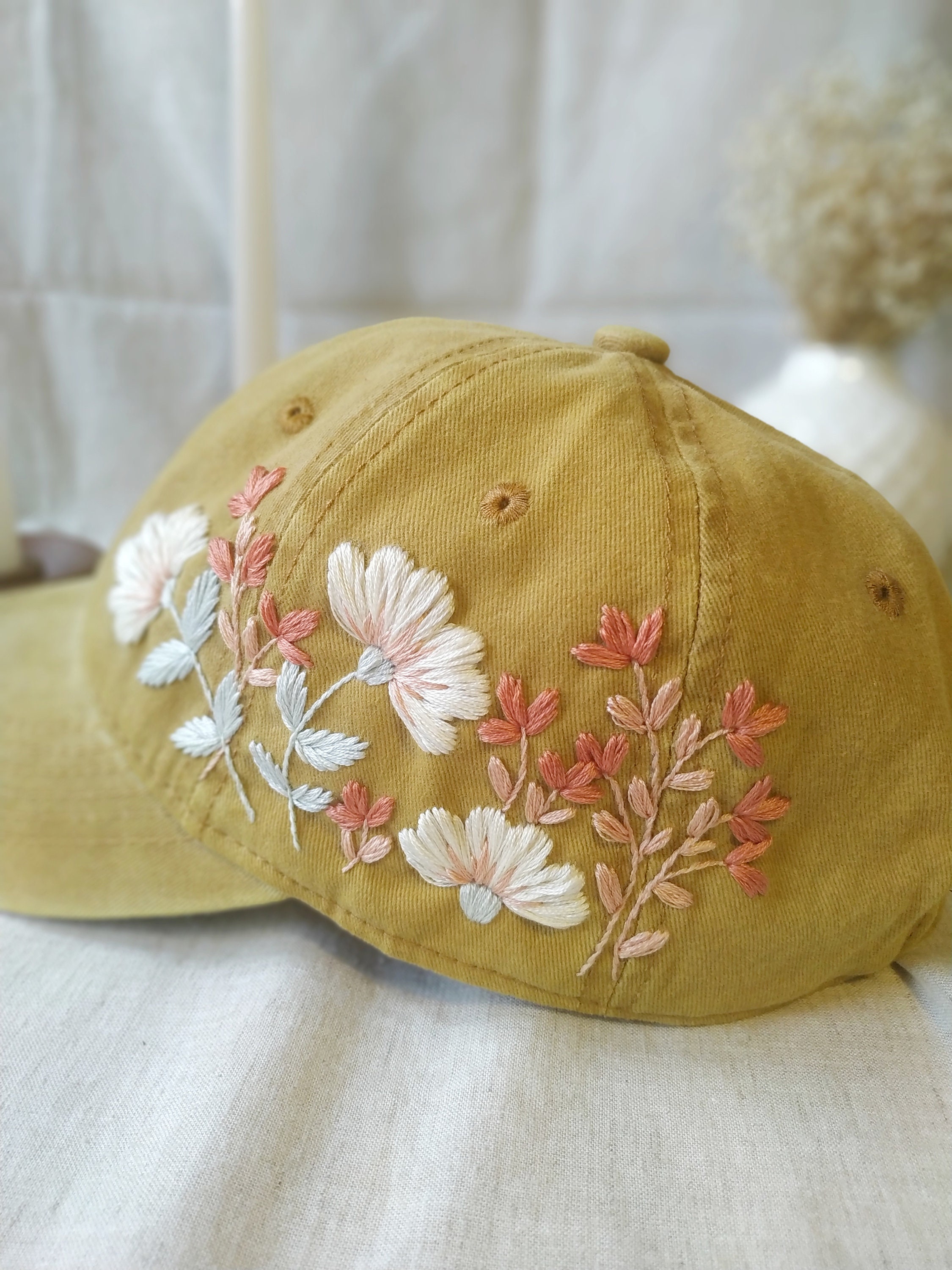 Hand Embroidered Floral Baseball Cap, Yellow Boho Hat - Etsy