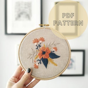 Floral Embroidery Pattern, PDF Digital Download, Embroidery Template, Printable Embroidery Tutorial, Hoop Art Pattern