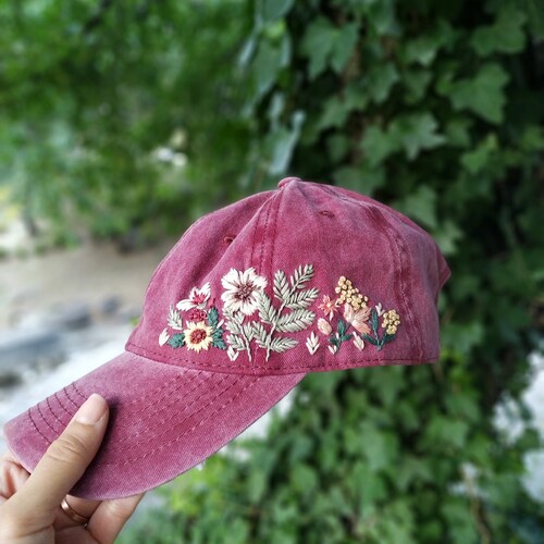 Hand Embroidered Hat Green Floral Embroidery Baseball Cap Etsy