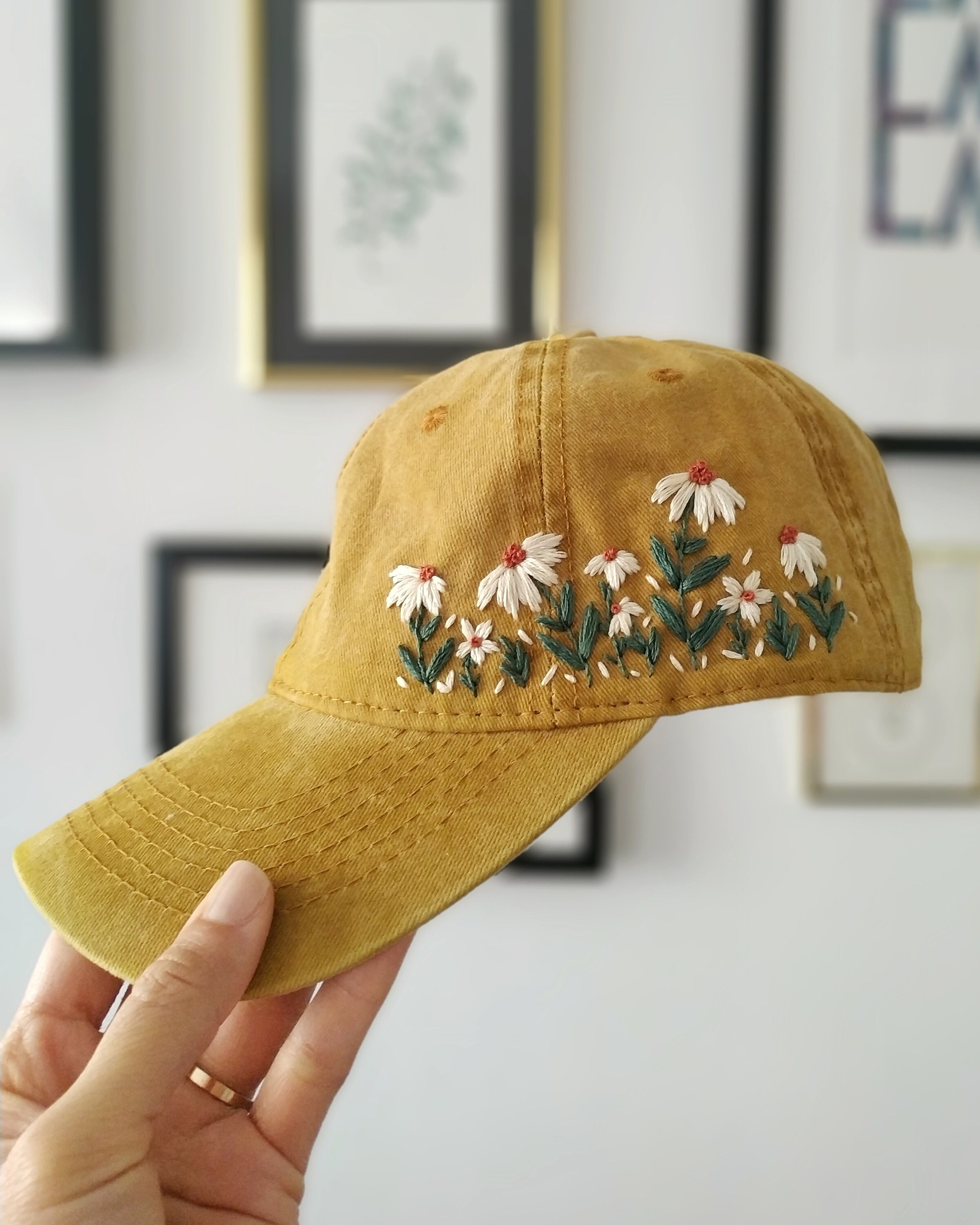 Hand Embroidered Hat, Yellow Embroidered Baseball Cap, Floral