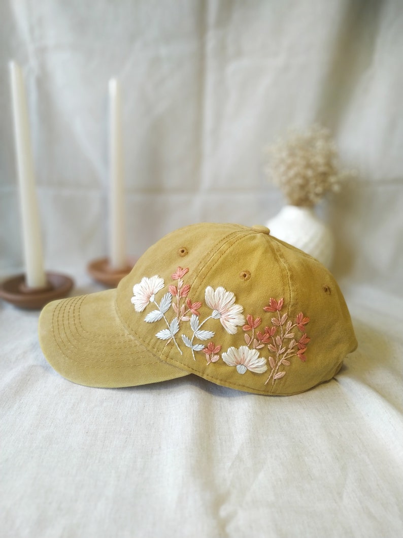 Hand Embroidered Floral Baseball Cap, Yellow Boho Hat - Etsy