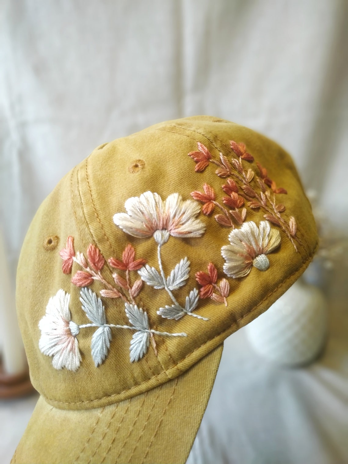 Hand Embroidered Floral Baseball Cap, Yellow Boho Hat - Etsy