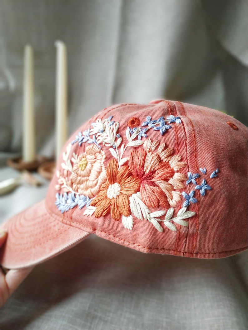 Hand Embroidered Floral Baseball Cap, Pink Boho Hat - Etsy
