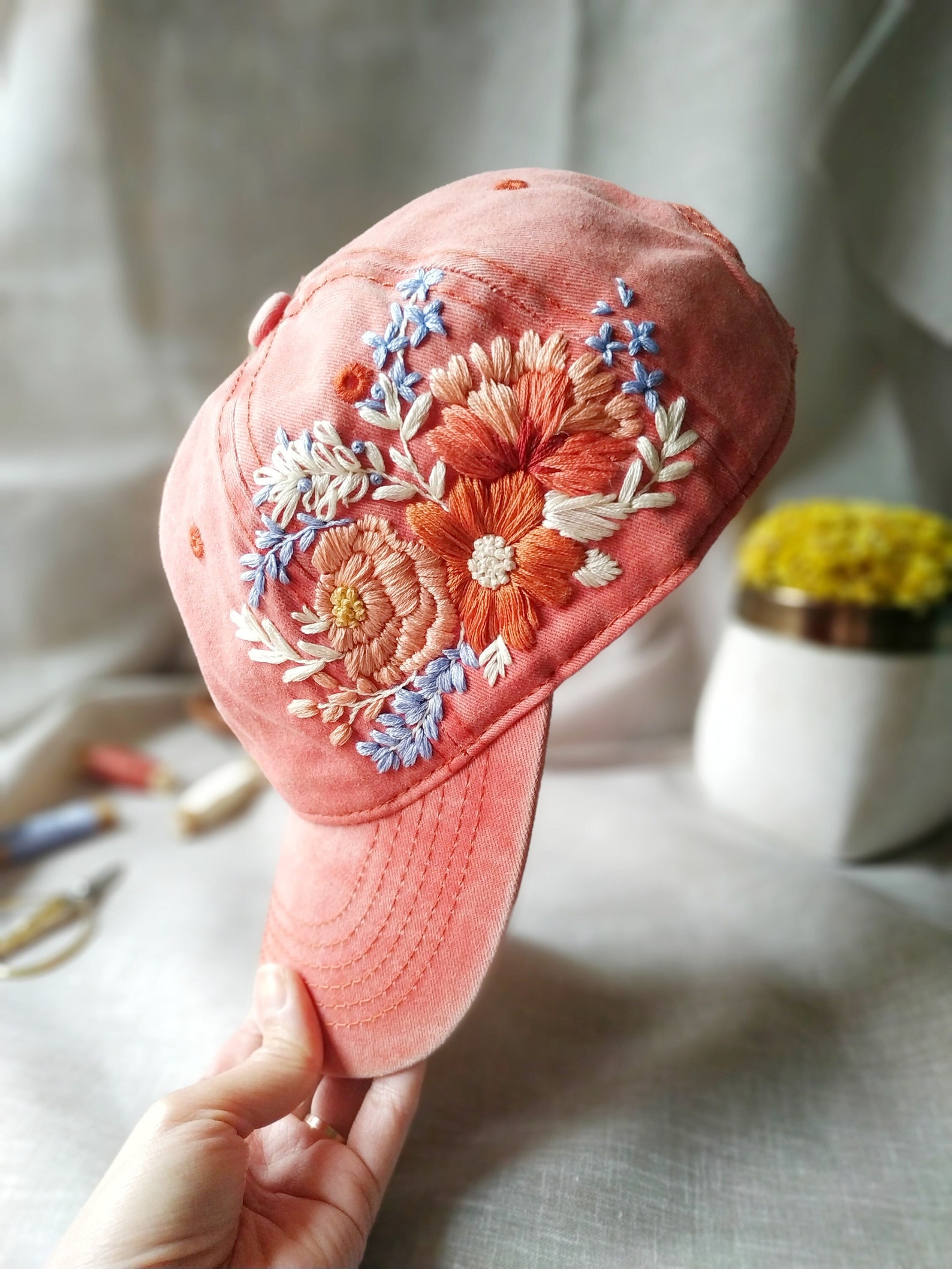 Hand Embroidered Floral Baseball Cap, Pink Boho Hat - Etsy