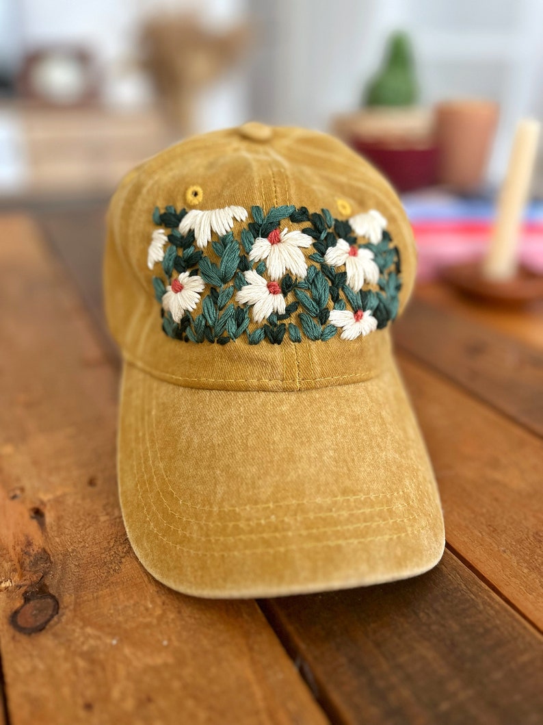 Hand Embroidered Floral Baseball Cap, Yellow Daisy Cotton Hat - Etsy