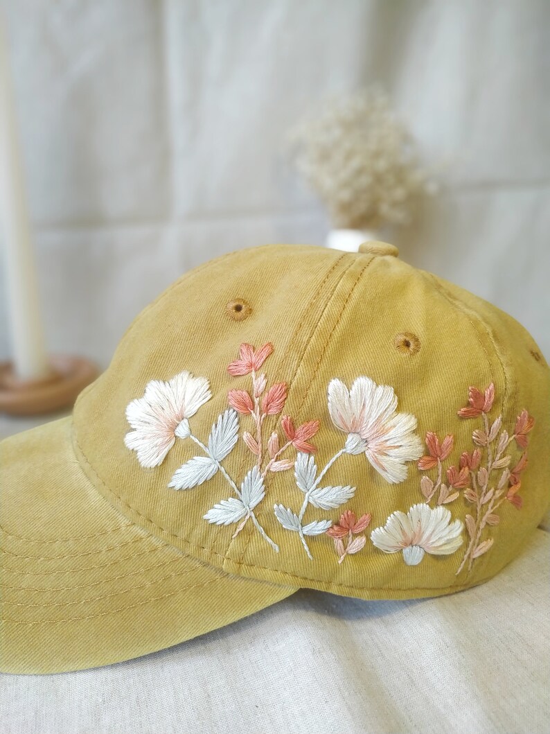 Hand Embroidered Floral Baseball Cap, Yellow Boho Hat - Etsy