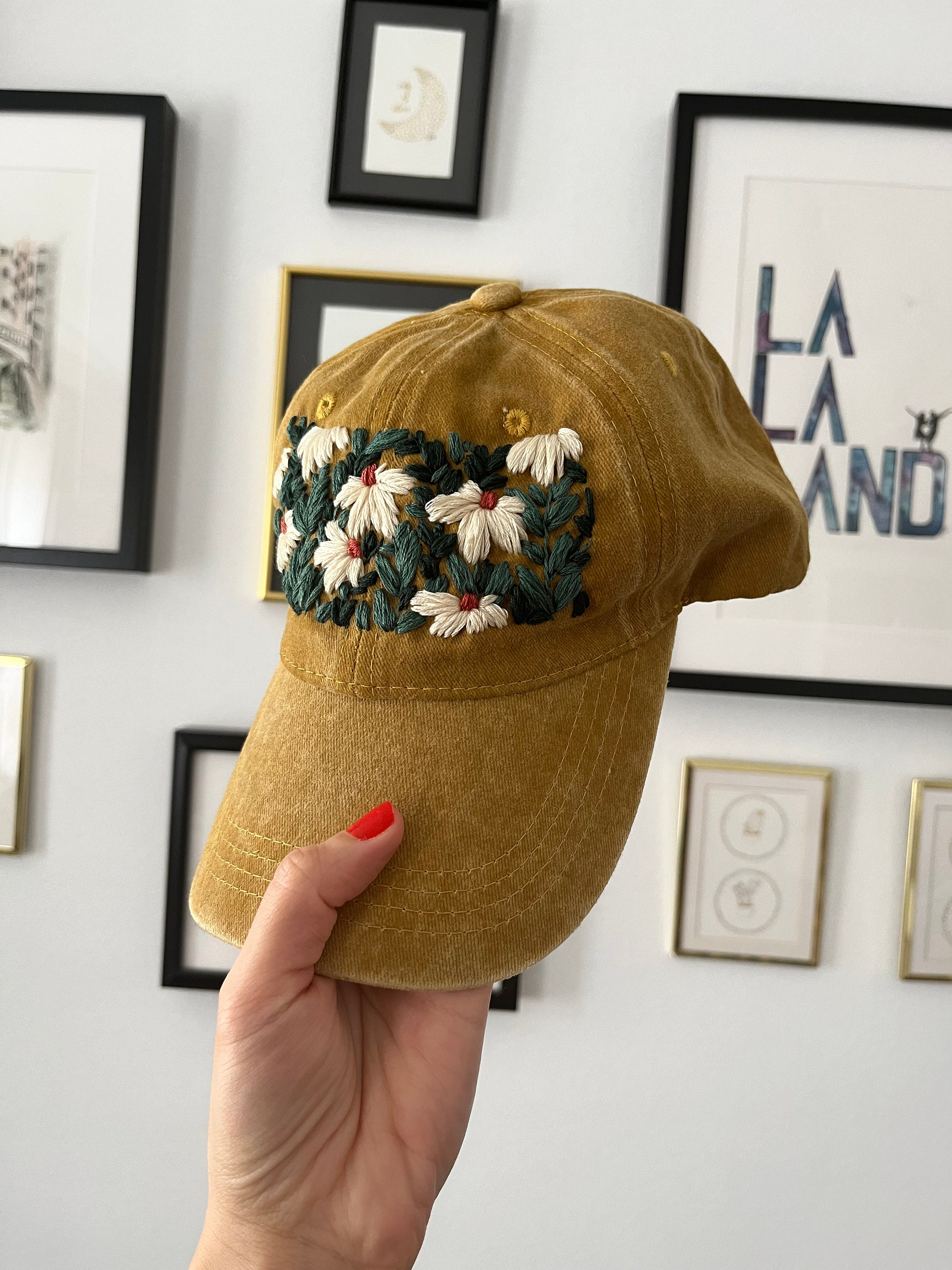 Hand Embroidered Floral Baseball Cap, Yellow Daisy Cotton Hat - Etsy