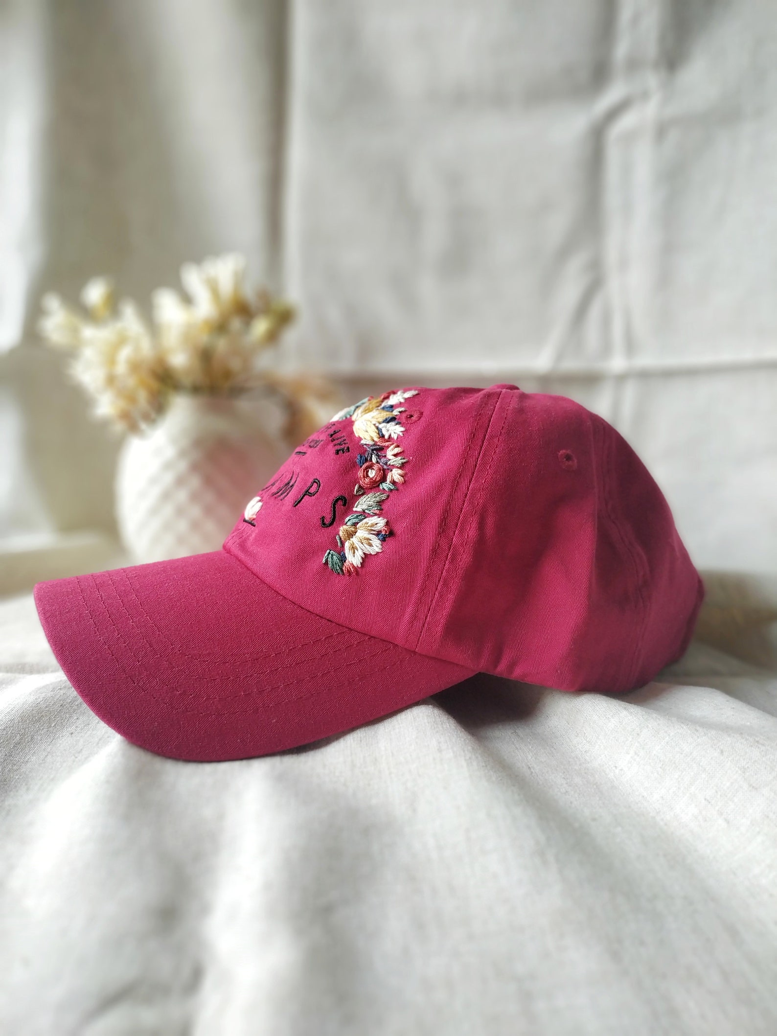 Hand Embroidered Hat Pink Floral Embroidery Baseball Cap - Etsy
