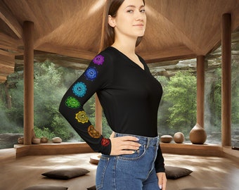 Women&#39;s Long Sleeve All Chakra Tattoo Totem V-neck Shirt (AOP)