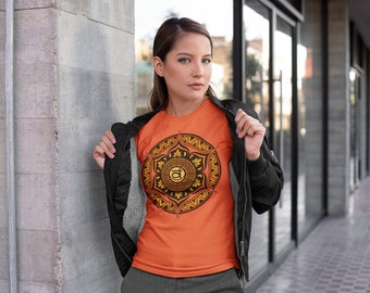 Orange Tee with Black and Yellow Sacral Chakra Symbol on a Women&#39;s Tshirt