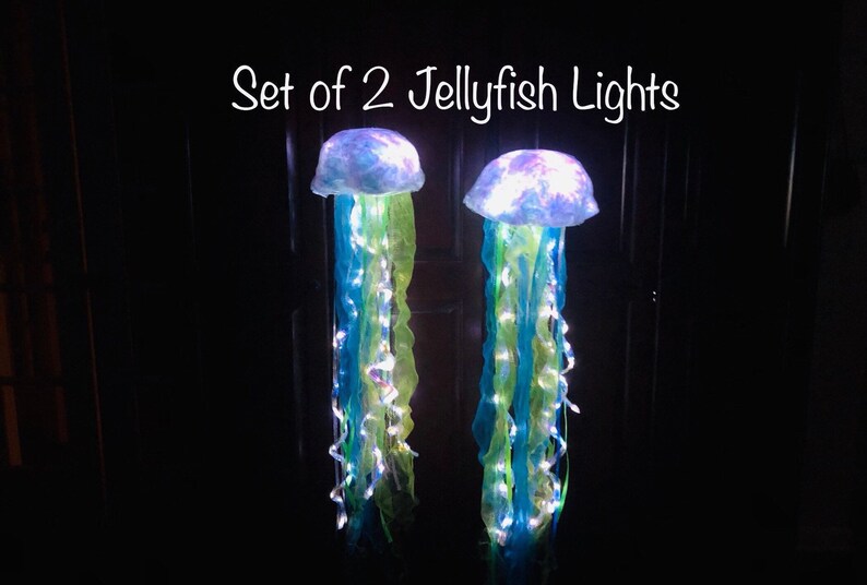Pair Of 2 Hanging Jellyfish Lanterns Indoor Or Outdoor That Light Up Remote Controlled Under The Sea Set Decor Tiki Bar