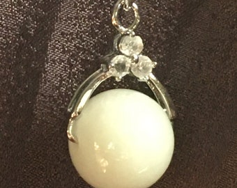 Jadeite Jade Ball Light Green 14mm with 3 Dainty White Topaz Stones on Unique Silver Necklace 18"