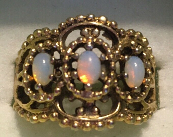 Sz6 Fire Opal Orange Pink Flash Vintage 18K High Gold Electroplating Filigree Ring Band GORGEOUS!