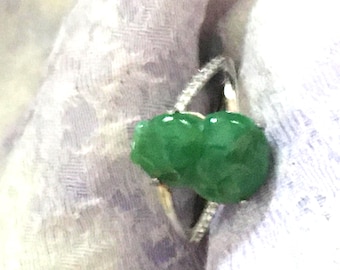 Hand-Carved Green Jadeite Gourd Ring, Sterling Silver Adjustable