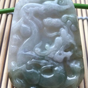 Blue Green White Dragon Substantial  Certified Type A Jadeite Jade Amulet, Ruyi, Success & Blessings! Necklace Unisex