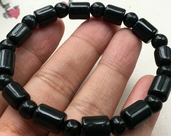 Deep Black Natural A Jade Myanmar Jadeite 7 mm Bead Bracelet Bangle   7.5" Unisex  113.55 Ct