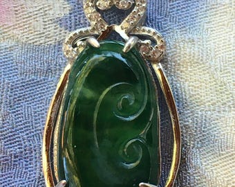 Imperial Green Jadeite Jade Lotus Leaf Type A Myanmar Fei Cui Certified Pendant MAGNIFICENT Work of Art encased in Sterling Silver #850