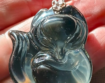 Forest Fox Opalesque Blue-Green Pendant on Silver Chain