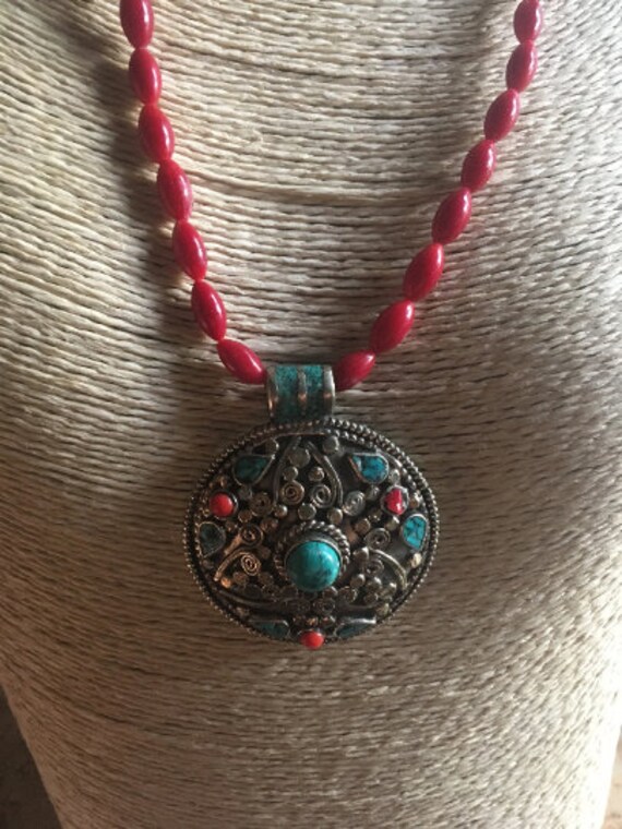 Tibetan Round Ornate Silver Disc with Turquoise & 