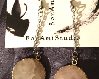 Disc Earrings Rose Quartz Sterling Dangle 2.5"