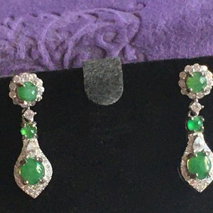 Imperial Green Jadeite Jade Type A Small Cabochon in Silver Bracelet with Earrings Set STUNNING!