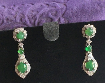 Imperial Green Jadeite Jade Type A Small Cabochon in Silver Bracelet with Earrings Set STUNNING!