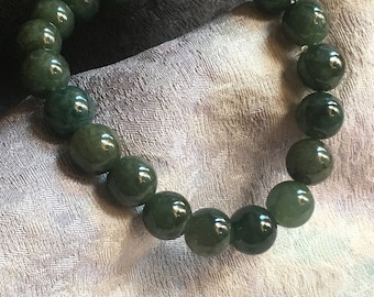 Forest Green Jadeite Jade 9-10mm Natural Type A with Certificate Beaded Bracelet for 7.25" Wrist  #426
