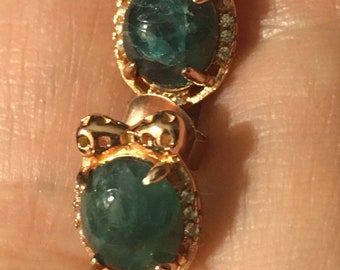 Grandidierite Dark Blue Oval Rare Gemstone Rose Gold Bow and Cubic Zirconia Stud Post Earrings Hypoallergenic