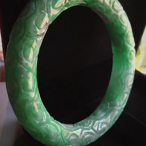 60mm Jadeite Jade Green Moire Hand carved Bangle Bracelet #120 Special & Gorgeous Princess Cut! Sturdy 454 Ct