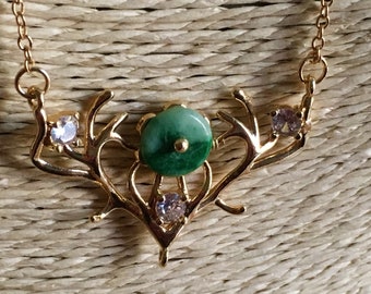 Natural Jade Necklace Gold Antlers Imperial Fei Cui Myanmar Burma Jadeite Jade Vivid Green 17"  #629 Gem Certified