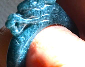 Sz 11.75 Blue Guatemalan Water Jadeite Jade Band Ring with PiXiu Dragon Type A Band Ring Untreated Hand-carved Stunning! #454  36.65 Ct