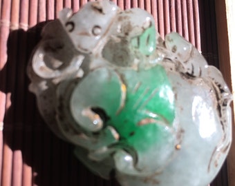 Emerald Jadeite, Heavy Old Piece, Lotus Hand-carved Both Sides White Clouds Green Lotus