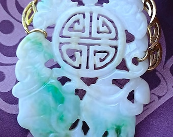 14K Solid Gold RARE Hand-carved Vintage Two 3mm Diamonds, 14K Solid Gold, Jadeite Jade Fei Cui, Mid-Century Pendant 165 Ct