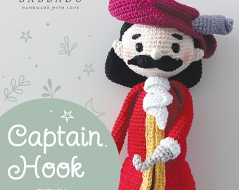 キャプテンフックかぎ針編みの英国パターン。あみぐるみのチュートリアル。かぎ針編みのチュートリアル。ネバーランド