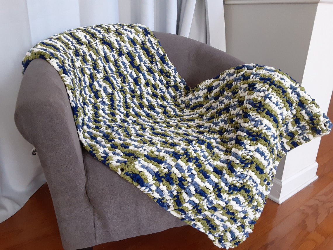 Crochet Blue, Green, and White Throw, Crochet Blanket, Warm Blanket, Soft Blanket, Comfy Blanket