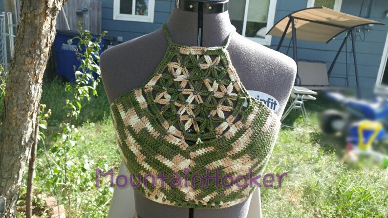 Sage Ombre Wild Flower of Life crochet halter top whematite