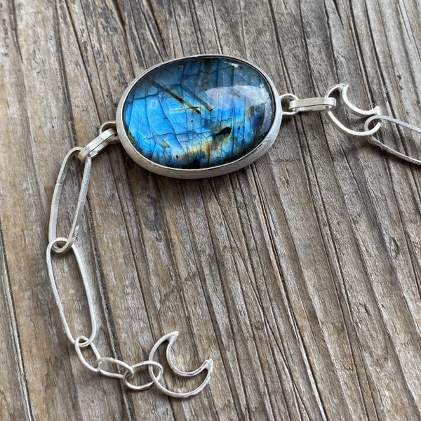 Bracelet Labradorite, Bracelet Argent, Bijoux Artisan, Bracelet Lune, Accessoire Pierre Bleue