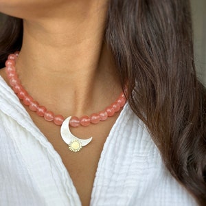 Moon Necklace, Silver Jewelry, Rose Quartz Necklace, Sun Jewelry, Space Jewelry, Gemstone jewelry, Pink jewelry, metalsmith jewelry
