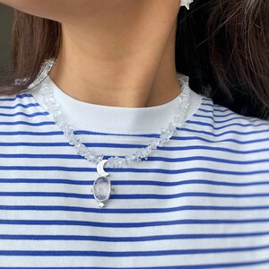Moon Necklace, Quartz Necklace, Silver Accessory, Gemstone Pendant, Celestial Jewelry, Artisan Jewelry, Space Necklace, Quartz Beaded
