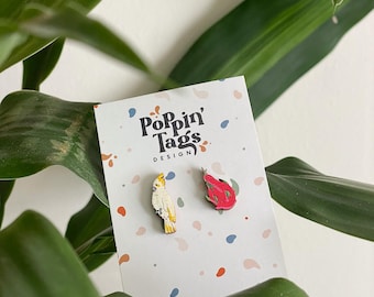 Wooden earrings: Cockatoo and Dragon Fruit