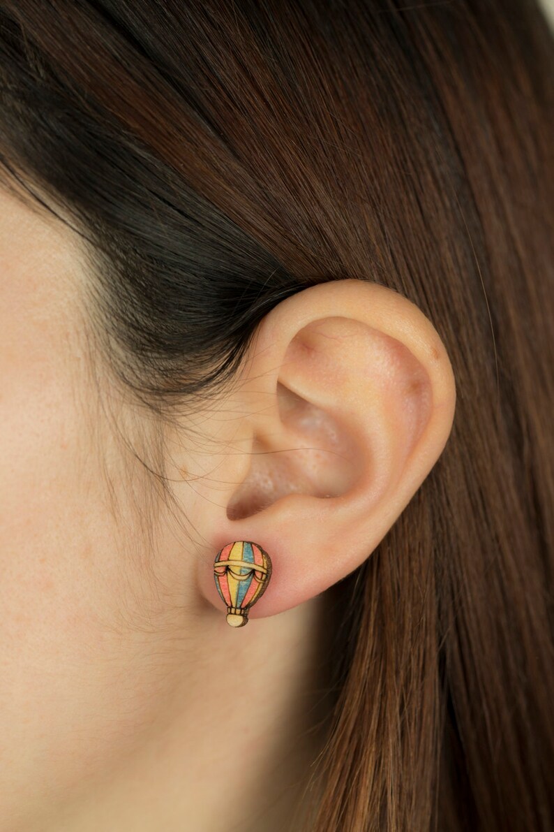 Wooden and Steel EARRINGS hypoallergenic HotAirBALLOON laser cut