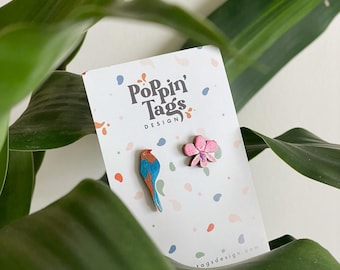 Wooden earrings: Ceylon Blue Magpie and Orchid