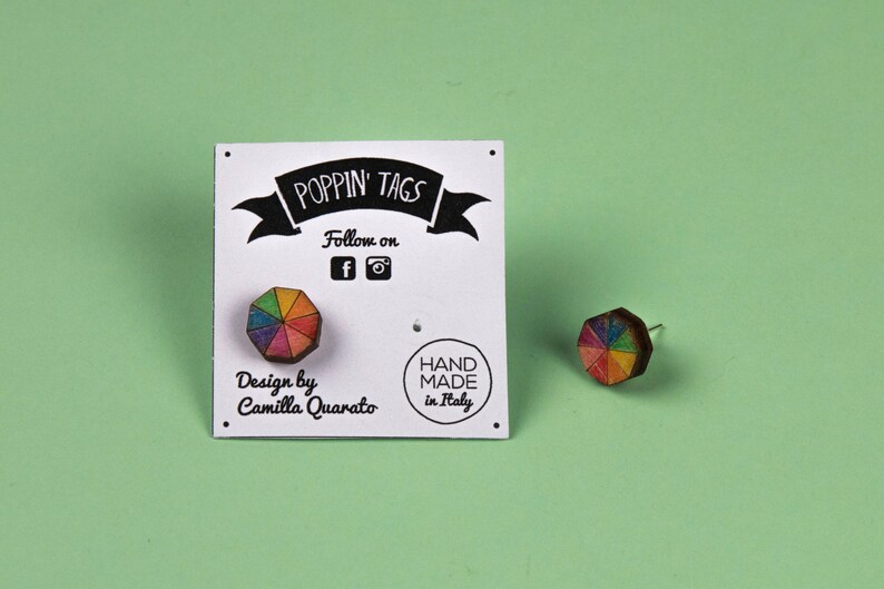 RAINBOW UMBRELLA hypoallergenic Wooden and Steel EARRINGS laser cut