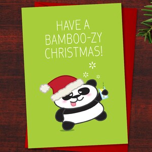 Drôle Panda Christmas Card "Have a Bamboo-zy Christmas" Carte de jeu de jeux de passe-bas pour un amant de gin, carte Panda, Esprit de Noel, Carte de Noel Typographical