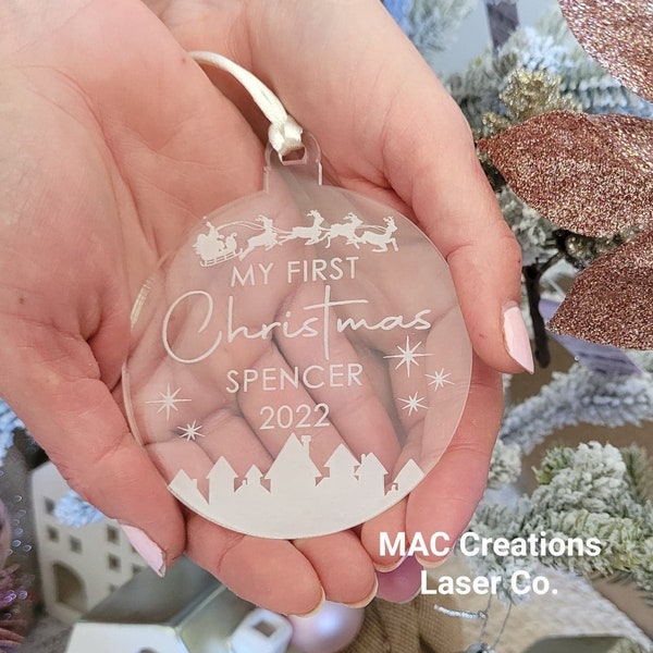 Personalised Christmas Ornament Decoration - My First Christmas - Newborn - Infant - Baby - Acrylic or Wood Wooden Name Bauble -