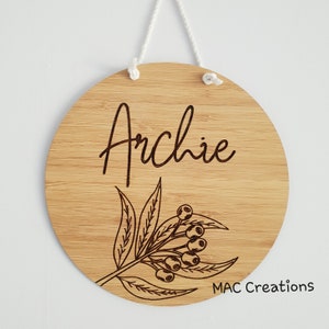 Bamboo Personalised Wall Plaque - Round - Eucalypt- Australiana - ANY Name Wooden Wall Hanging - Children's decor - Birth Gift - Gum tree