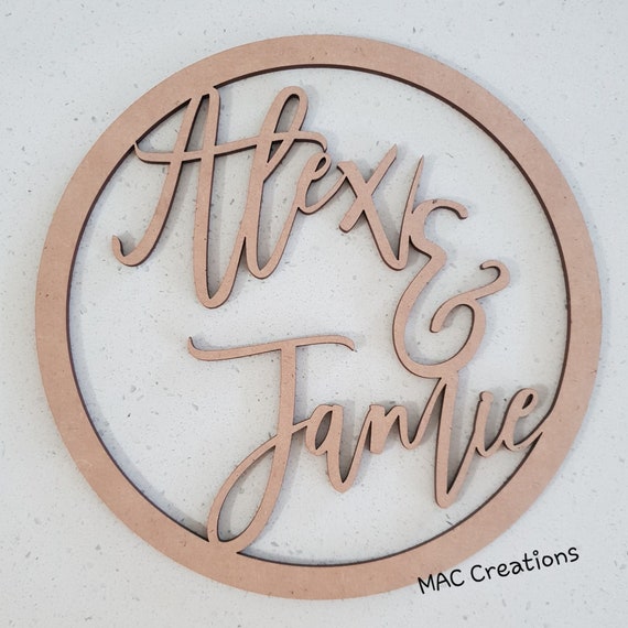 Personalised Wood MDF Name Wall Plaque Sign - Font Choices - Circle - Hoop - Ring - Wedding - Engagement - Birthday - Mr and Mrs - Mr & Mrs